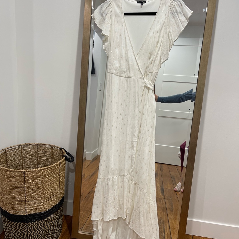 DREW S Cream Dress w/ gold flecks, High-low, tie in back w/ flutter sleeve
